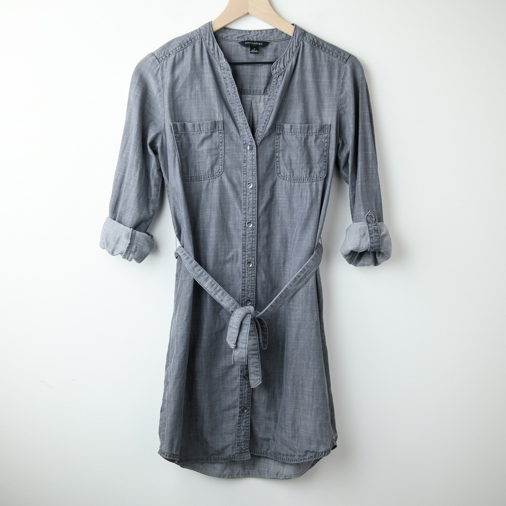 Banana Republic Shirt Dress Size 4 Gray Tencel Tie Back Button Down Cuffs Midi - Picture 3 of 9